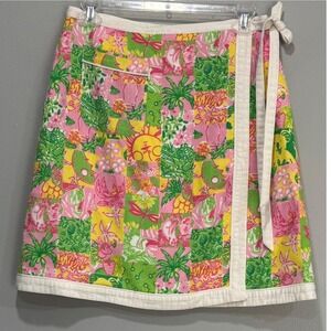 vtg Lilly Pulitzer koala sun Patchwork crazy quilt Seersucker Wrap Skirt Size 4